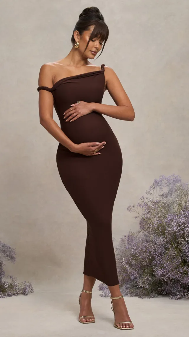 Chocolate Brown Twisted Asymmetric Maternity Midi Dress