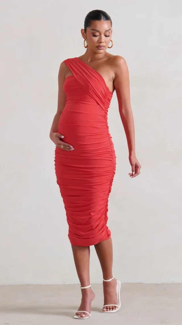 Coral Maternity One Shoulder Bodycon Midi Dress