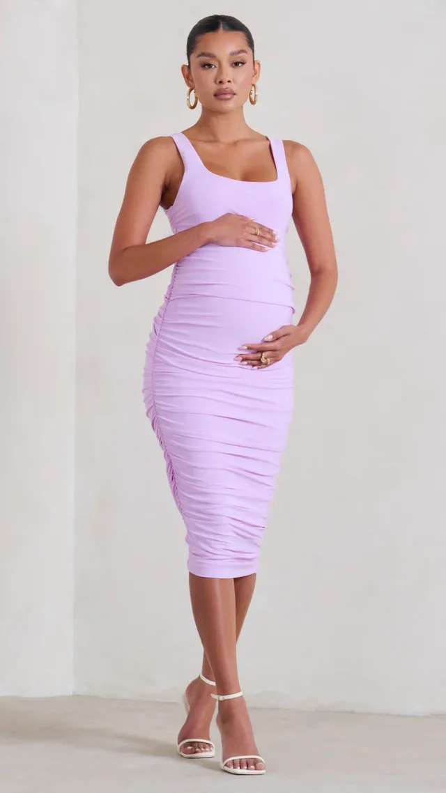 Lilac Maternity Square Neck Ruched Midi Dress