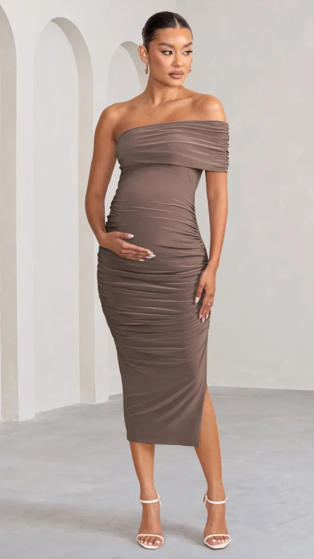 Mocha Maternity Midi Dress With Asymmetric Sleeve And Side Split