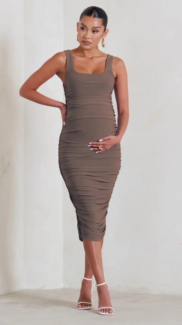 Mocha Maternity Square Neck Ruched Midi Dress