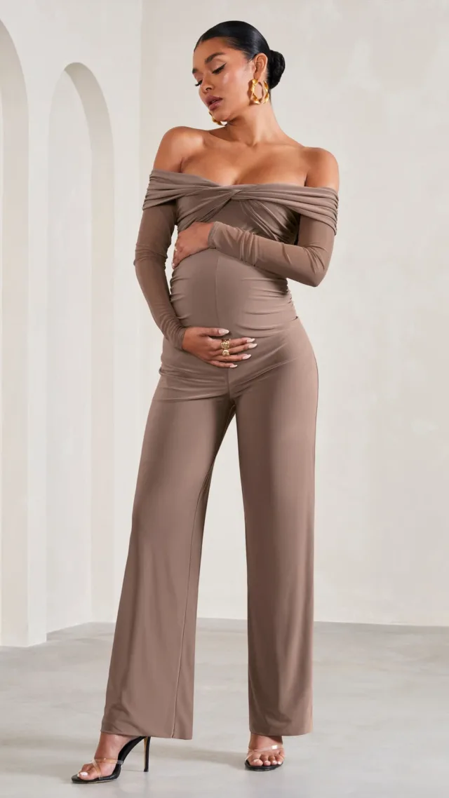 Mocha Ruched Bardot Long-Sleeved Wide-Leg Maternity Jumpsuit