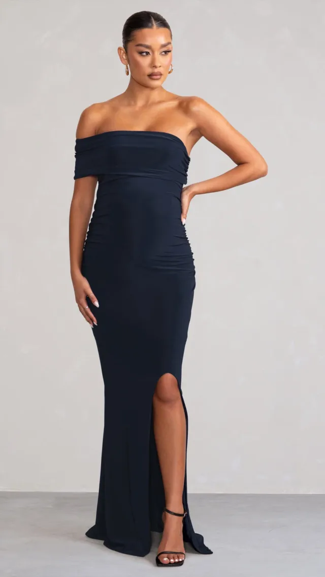 Navy Maternity One Shoulder Fishtail Maxi Dress