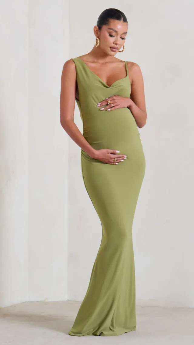 Olive Green Maternity Cowl Neck Maxi Dress