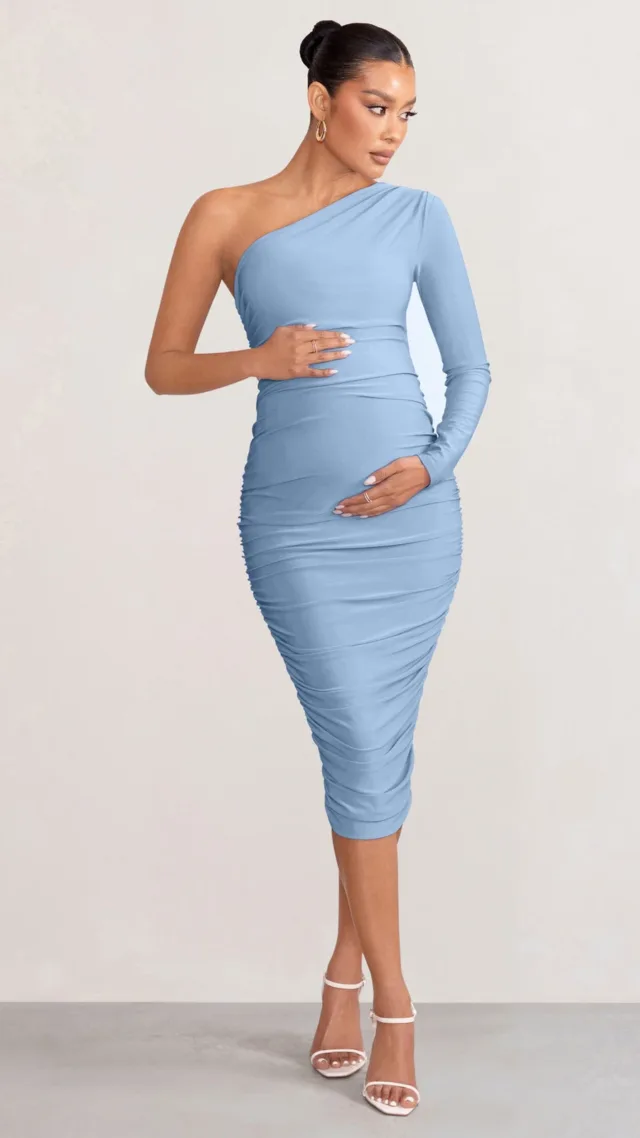 Powder Blue Asymmetric One Sleeve Maternity Midi Dress