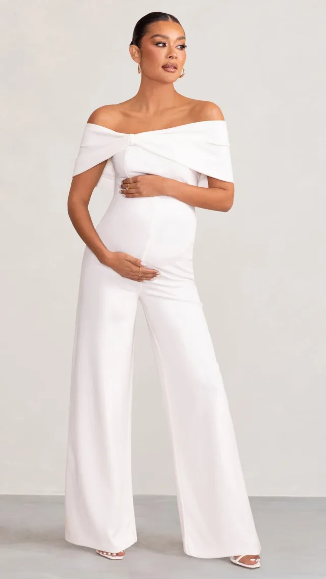 White Bardot Bow Maternity Jumpsuit