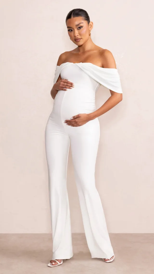 White Draped Sleeve Bardot Maternity Jumpsuit