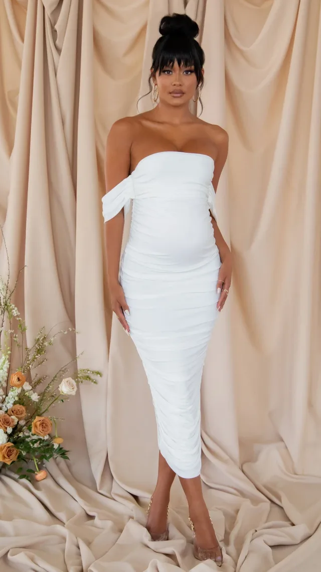 White Maternity Bardot Ruched Draped Midi Dress