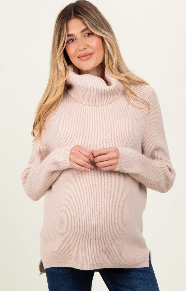 Beige Basic Ribbed Turtle Neck Maternity Sweater