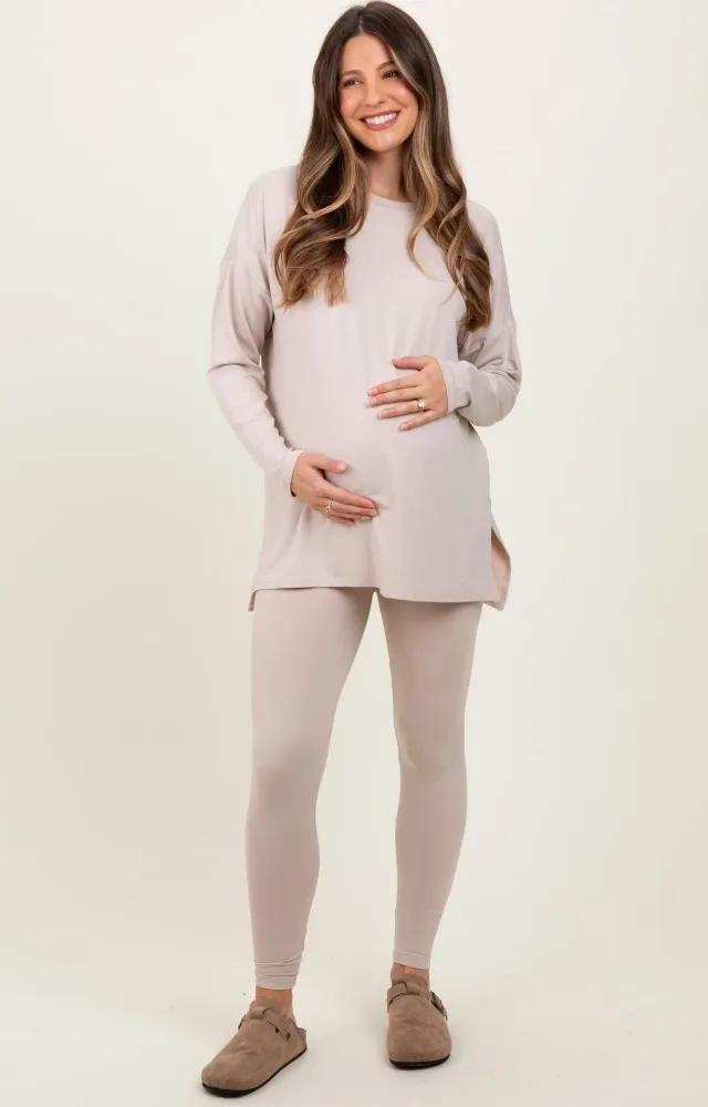 Beige Brushed Knit Maternity Oversized Top And Legging Set