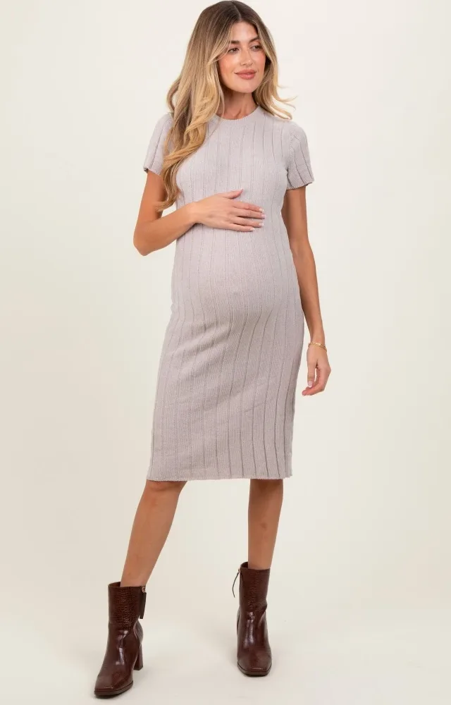 Beige Chenille Knit Short Sleeve Maternity Sweater Dress