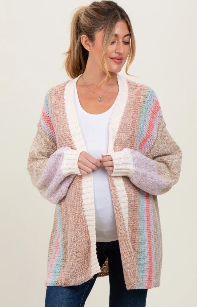 Beige Colorblock Stripe Knit Open Maternity Cardigan