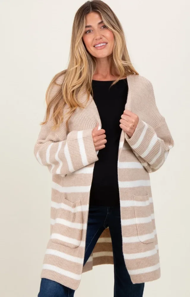 Beige Ivory Knit Striped Long Maternity Cardigan