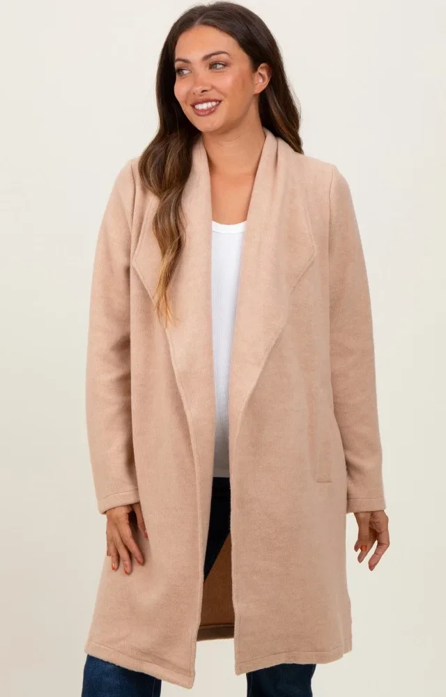 Beige Knit Relaxed Fit Maternity Coat Jacket