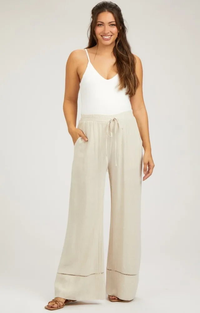 Beige Linen Wide Leg Lace Trim Maternity Pants