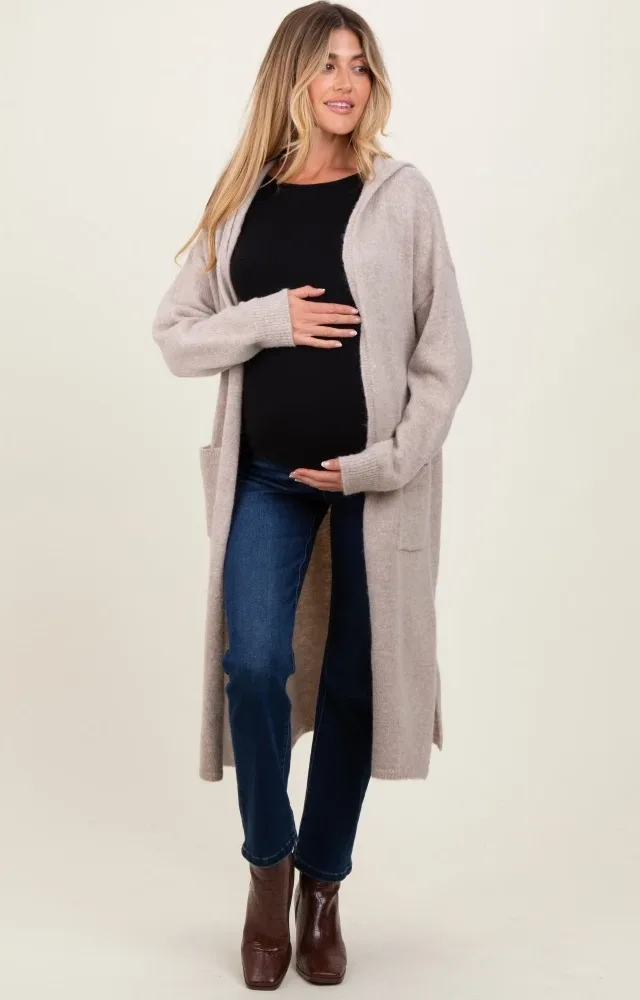 Beige Long Hooded Open Front Maternity Cardigan