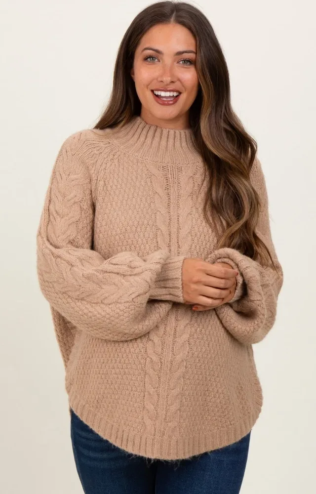 Beige Mixed Chunky Cable Knit Mock Neck Maternity Sweater