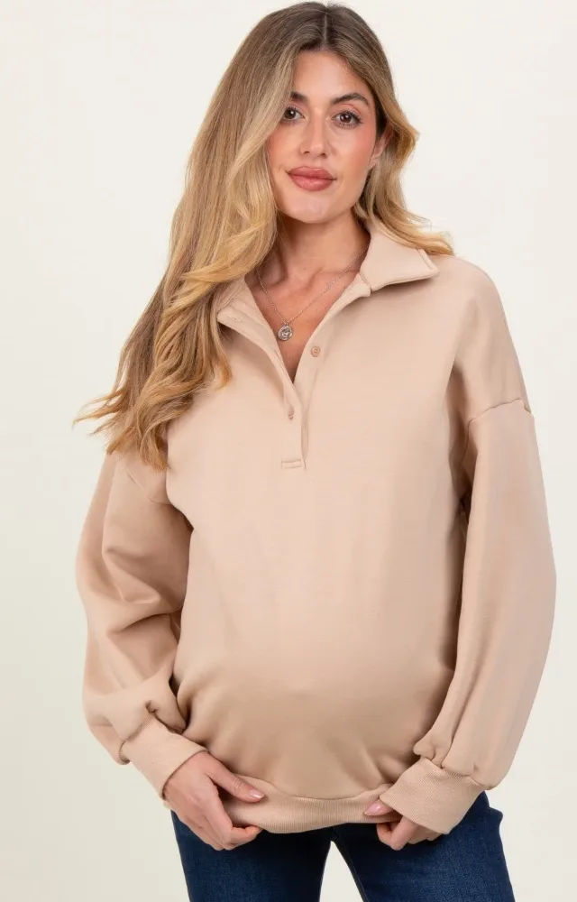 Beige Oversized Long Sleeve Polo Maternity Pullover