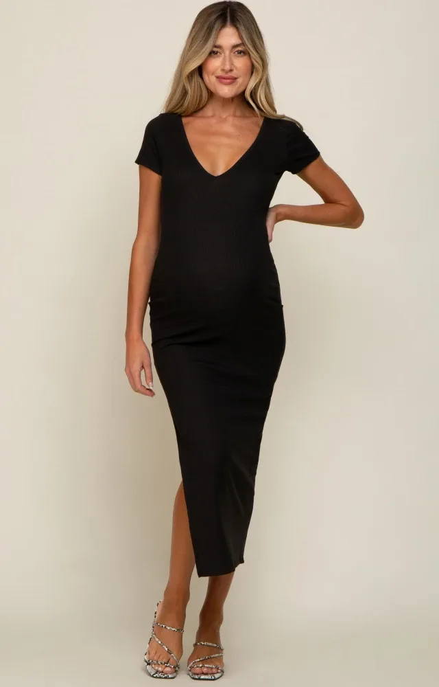 Black Basic Ribbed Side Slit Maternity Midi Dress