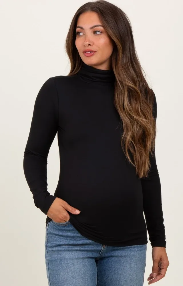 Black Brushed Knit Basic Turtleneck Maternity Top