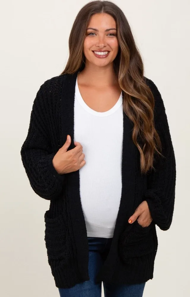 Black Chunky Knit Oversized Maternity Pocket Cardigan