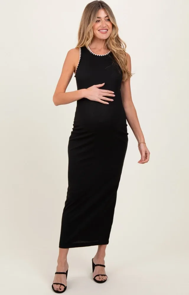 Black Crochet Trim Ribbed Sleeveless Maternity Maxi Dress