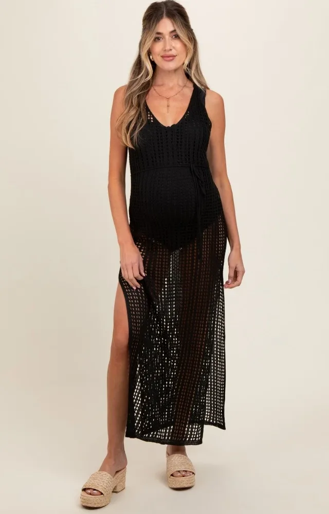 Black Crochet V-Neck Side Slit Maternity Cover Up