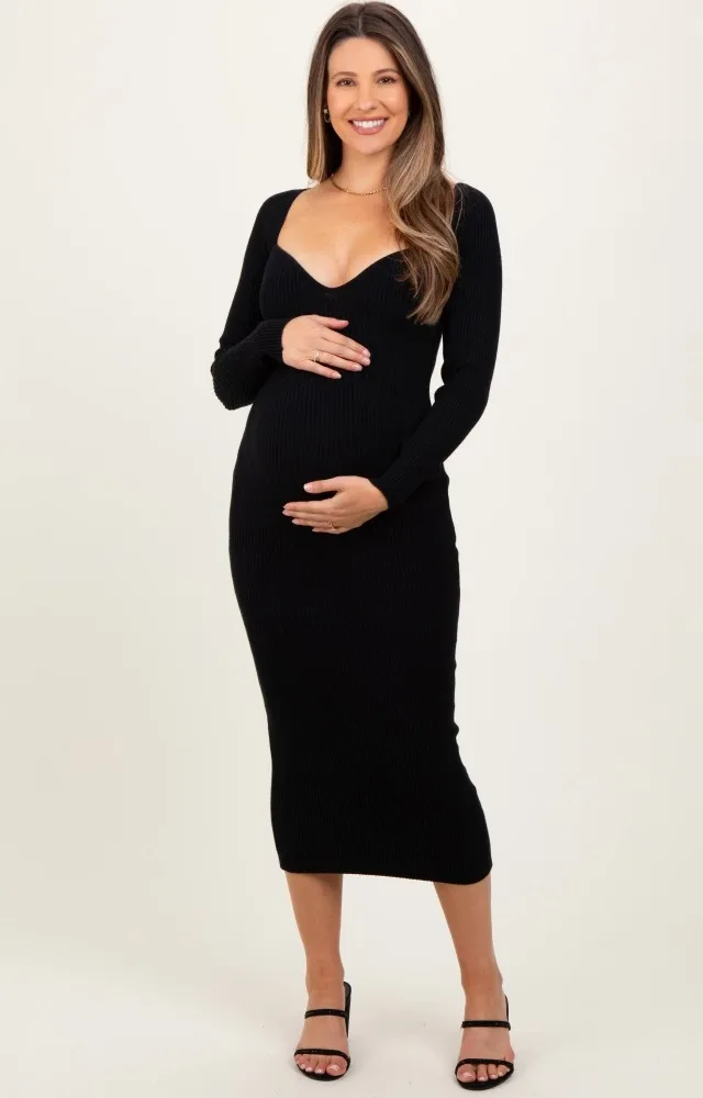 Black Deep V-Neck Maternity Midi Sweater Dress