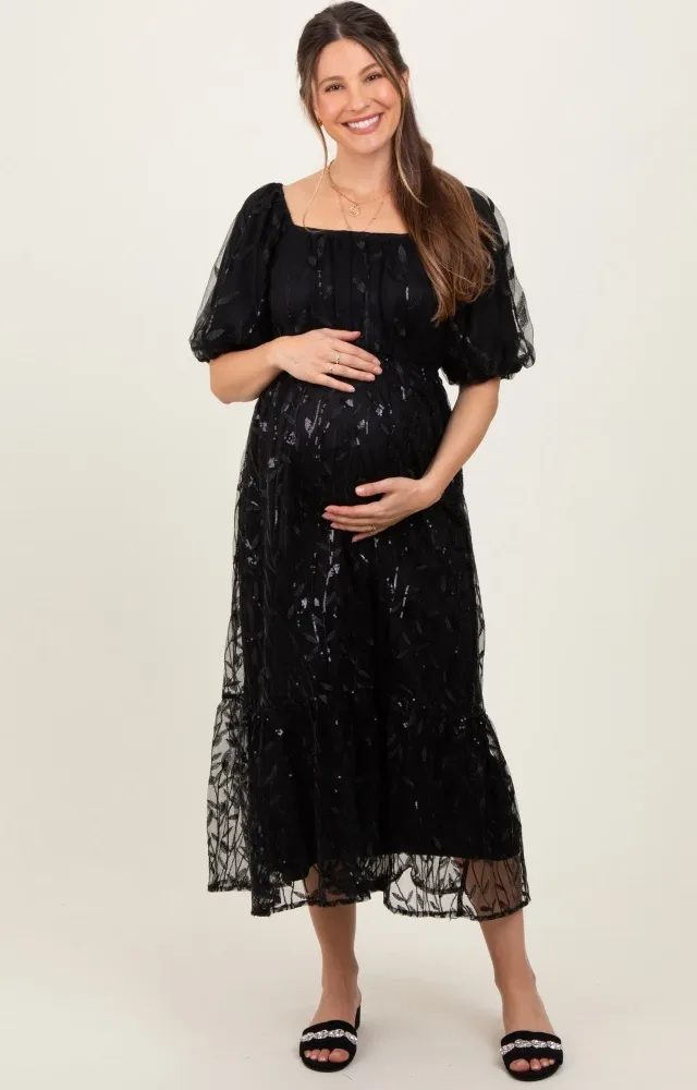 Black Embroidered Sequin Detail Mesh Overlay Maternity Maxi Dress