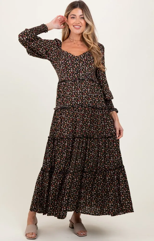 Black Floral Button Accent Bodice Tiered Maternity Maxi Dress