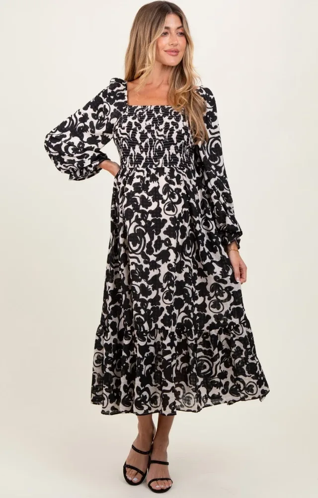 Black Floral Damask Print Smocked Maternity Midi Dress