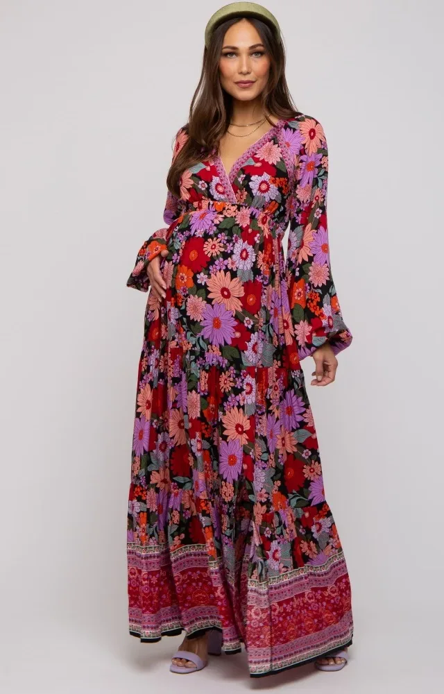 Black Floral Long Sleeve Tiered Maternity Maxi Dress