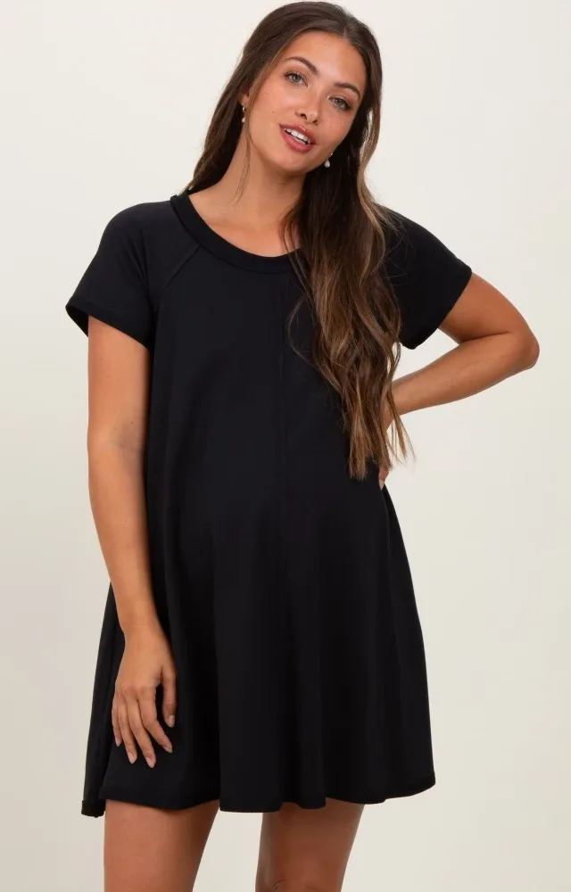 Black French Terry Basic Short Sleeve Maternity Mini Dress