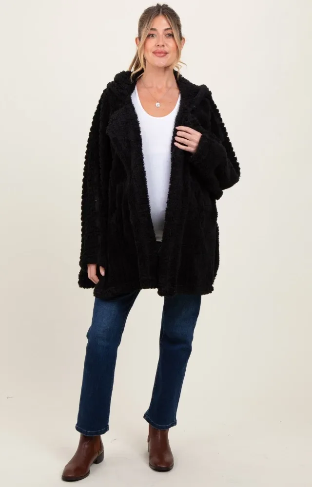 Black Fuzzy Slit Hem Hooded Maternity Cardigan