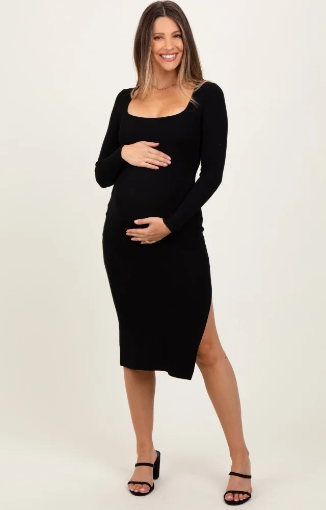 Black Knit Square Neck Side Slit Maternity Midi Dress