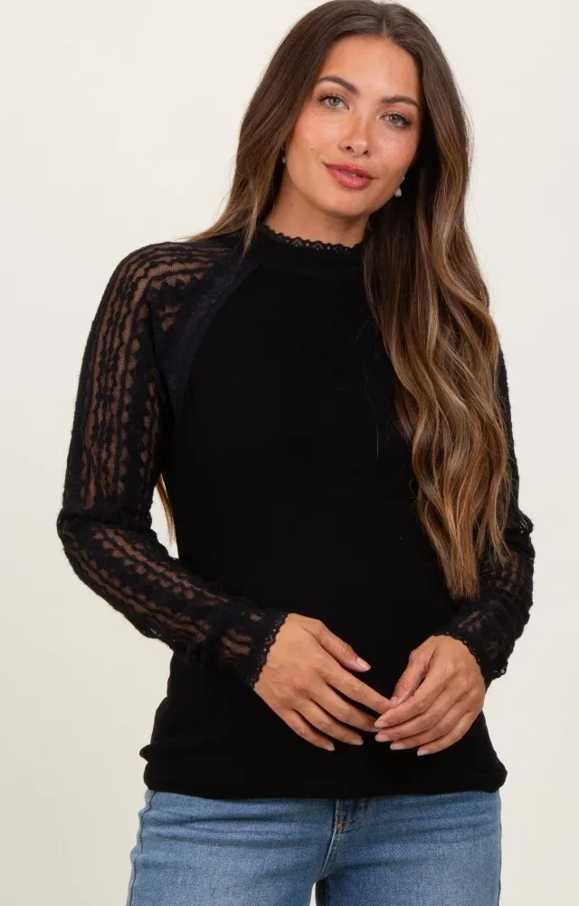 Black Lace Sleeve Mock Neck Maternity Blouse