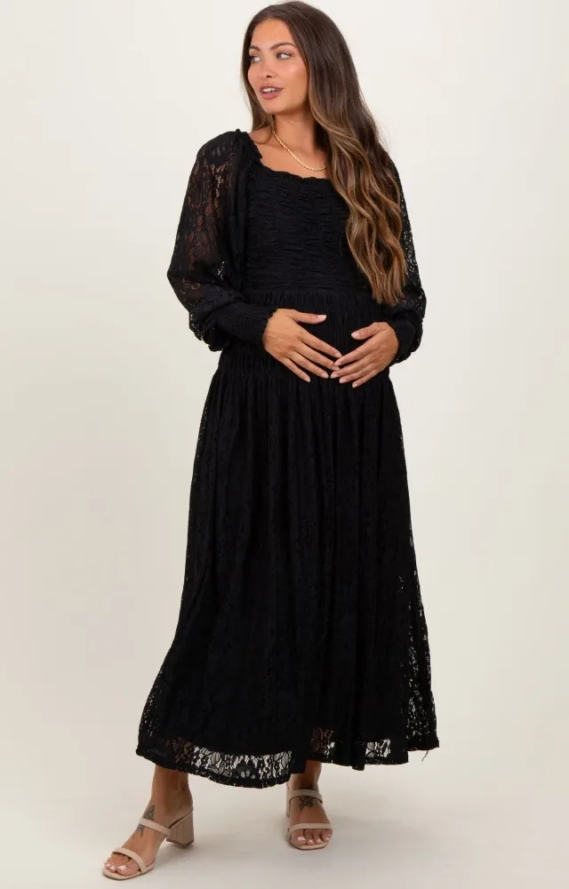 Black Lace Smocked Bubble Sleeve Maternity Maxi Dress