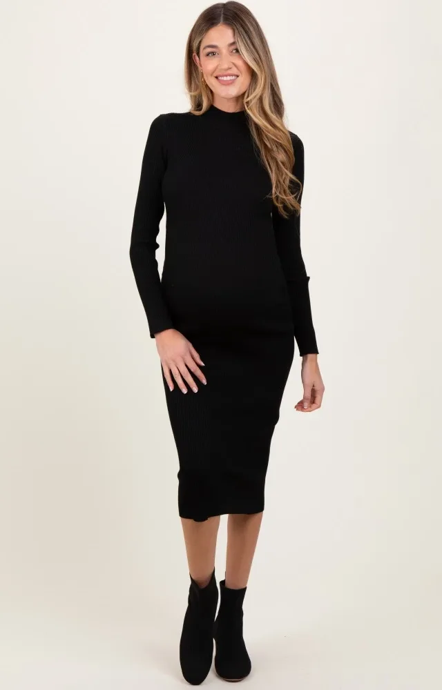 Black Mock Neck Fitted Ribbed Knit Maternity Midi Dress