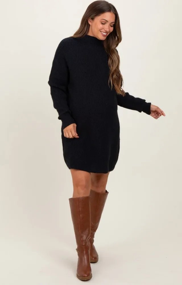 Black Mock Neck Maternity Mini Sweater Dress