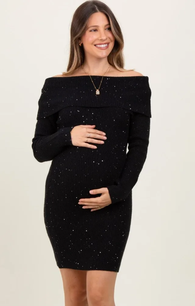 Black Off Shoulder Short Sequin Maternity Sweater Dress