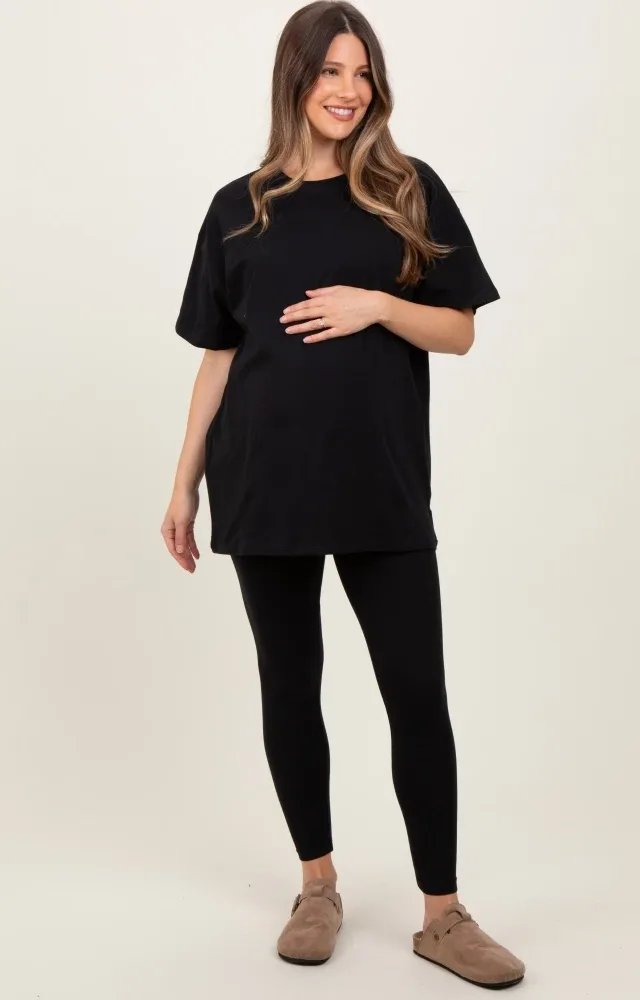 Black Oversized Crewneck Short Sleeve And Legging Maternity Set