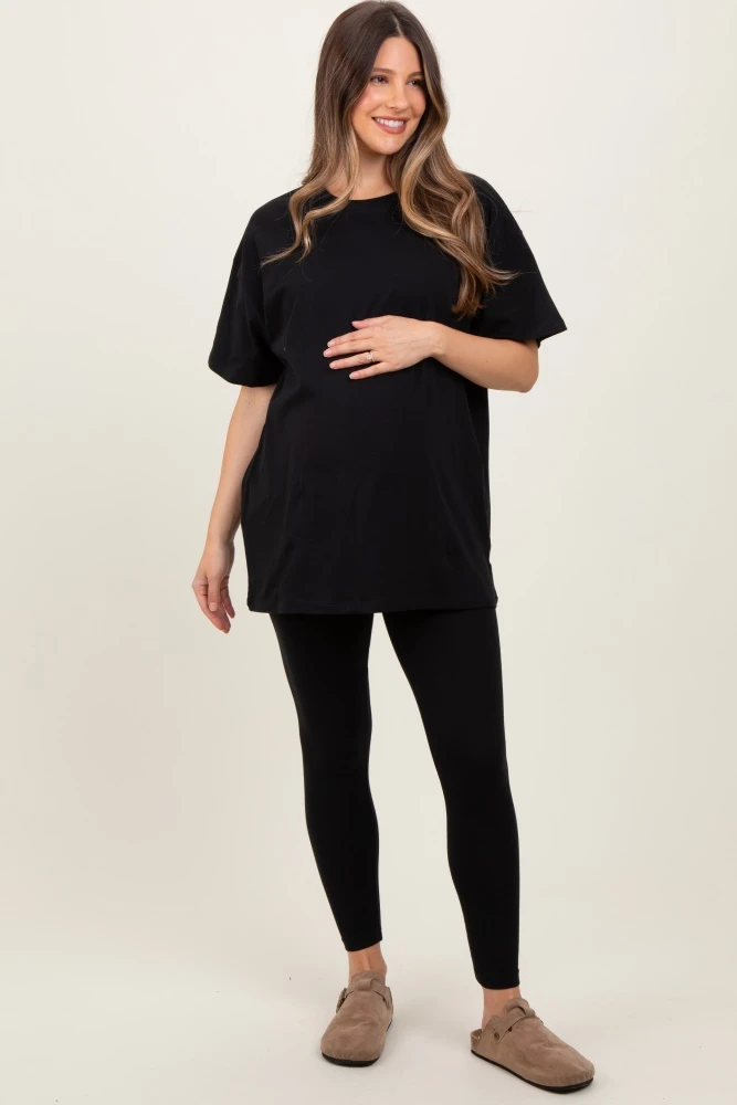 Black Oversized Crewneck Short Sleeve And Legging Maternity Set