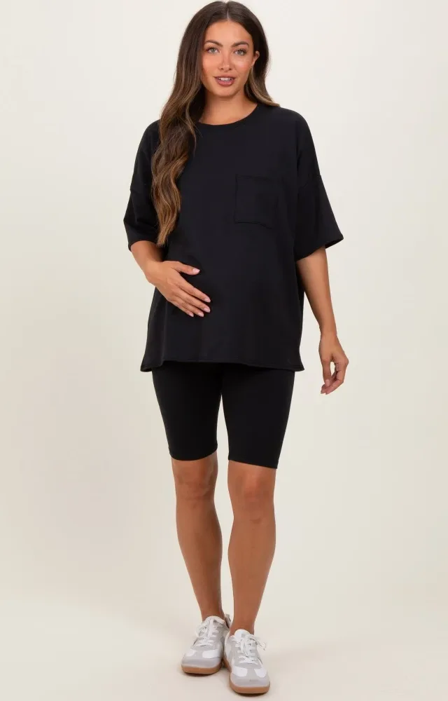 Black Oversized Short Sleeve Biker Short Maternity Set