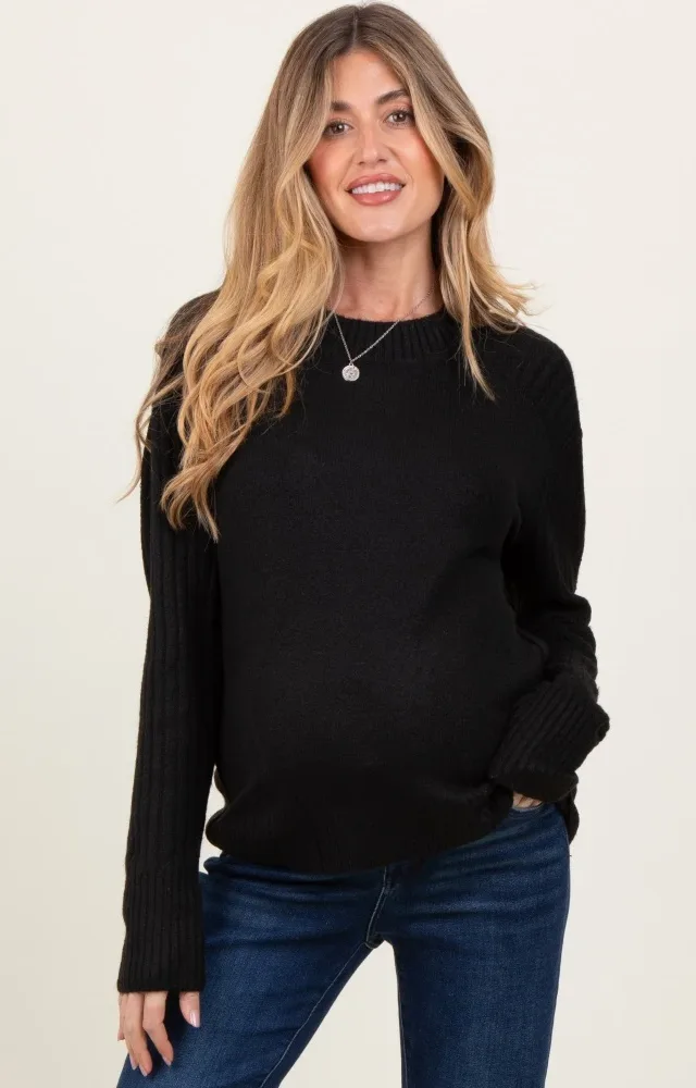 Black Raised Seam Long Sleeve Maternity Sweater