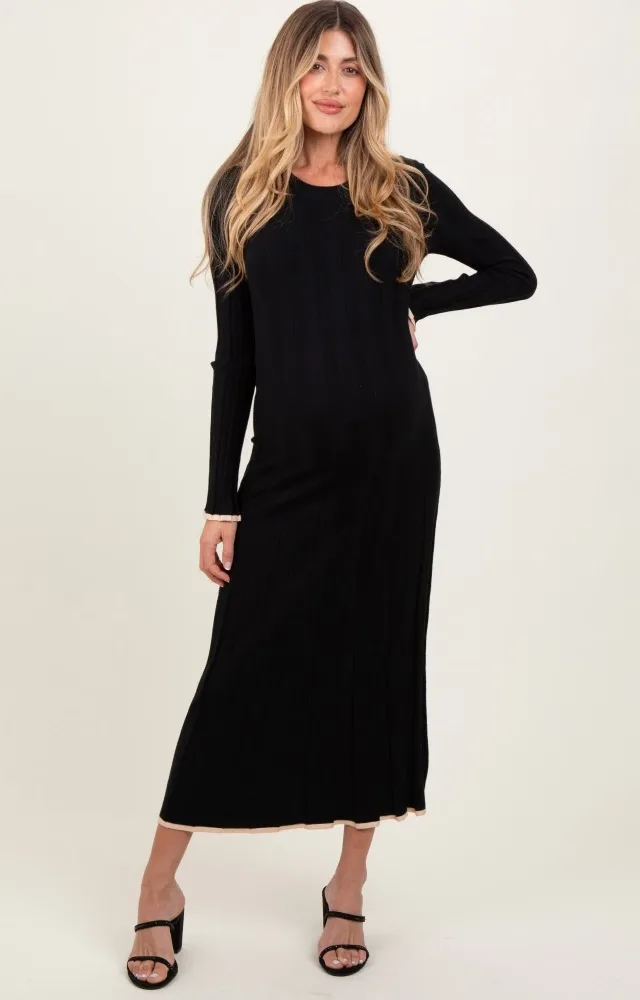 Black Ribbed Knit Maternity Maxi Sweater Dress