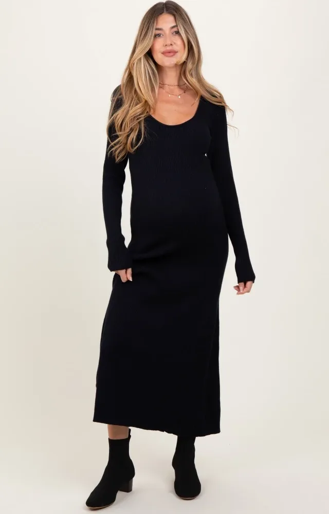 Black Ribbed Knit Maternity Maxi Sweater Dress