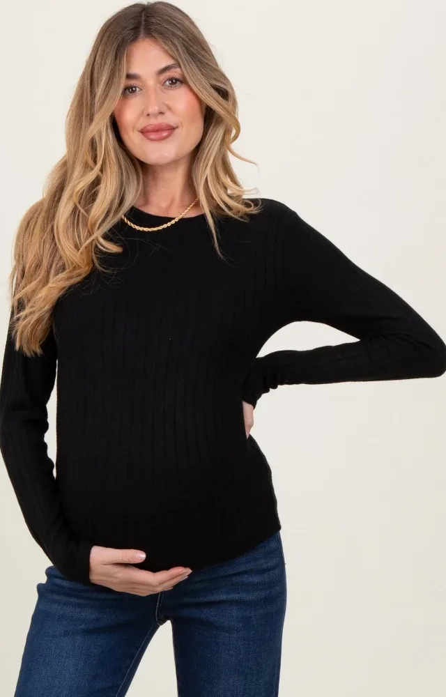 Black Ribbed Long Sleeve Maternity Top