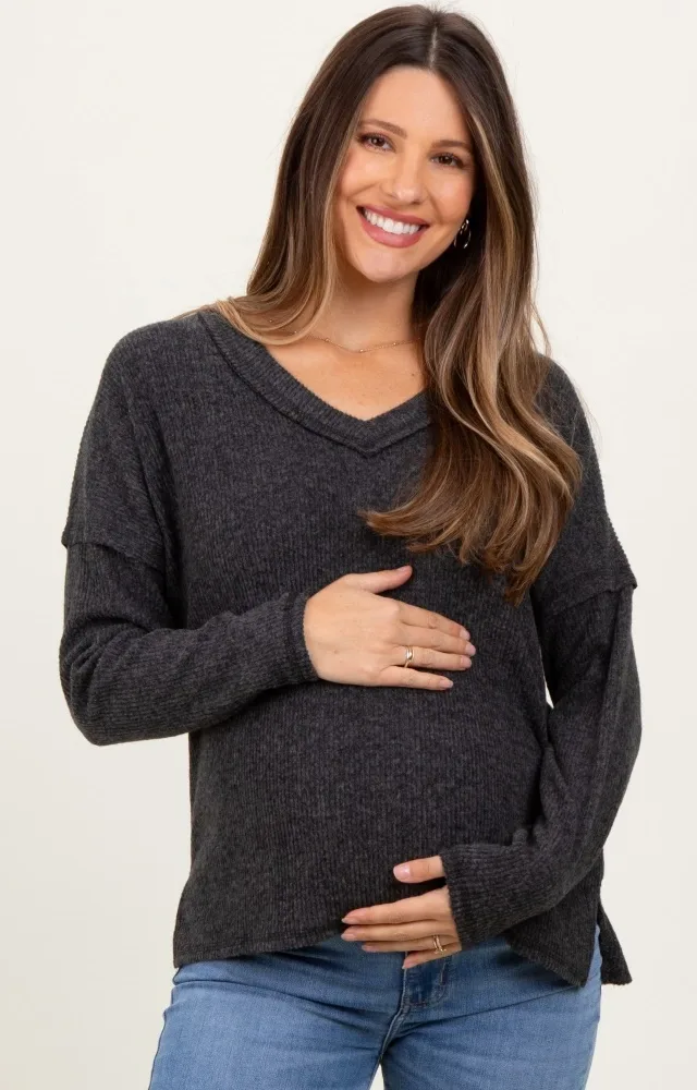 Black Ribbed V-Neck Long Sleeve Maternity Top