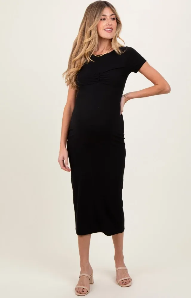 Black Ruched Bust Short Sleeve Maternity Maxi Dress