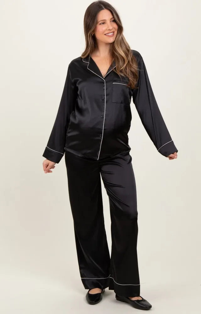 Black Satin Contrast Trim Long Sleeve Maternity Pajama Set